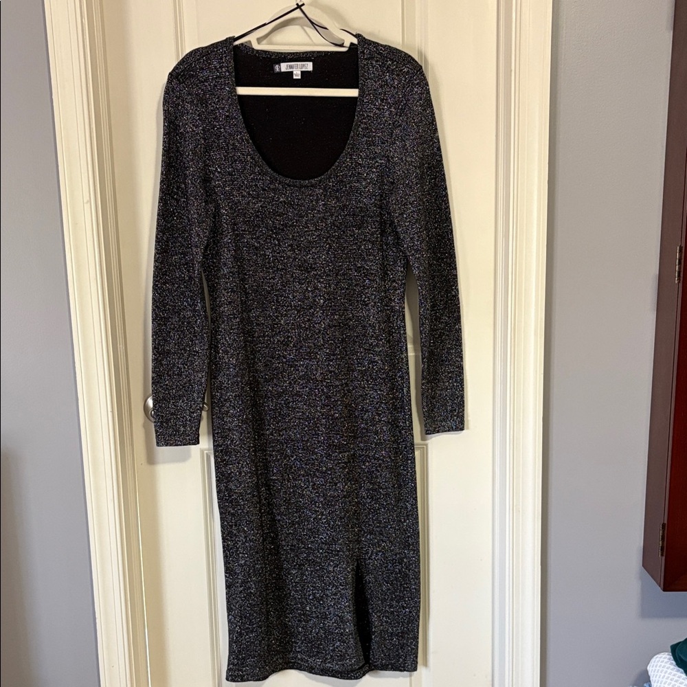 Jennifer Lopez Shimmer Scoop Neck Long Sleeve Midi Dress - Black & Silver